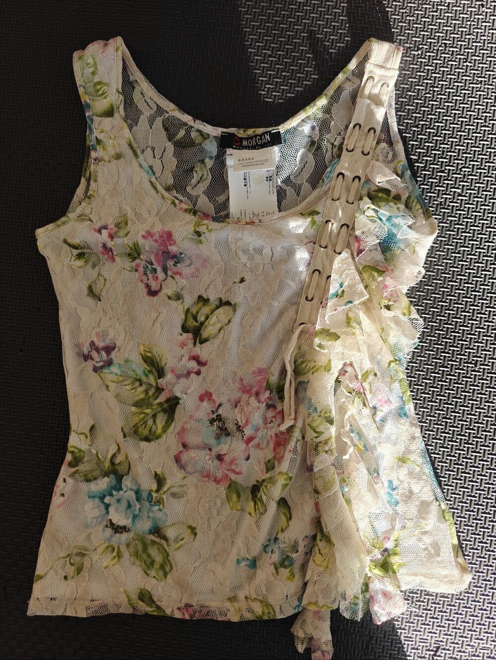 Y2K Morgan De Toi  Floral Ruffle Mesh  Tank Top in Cream & Pink